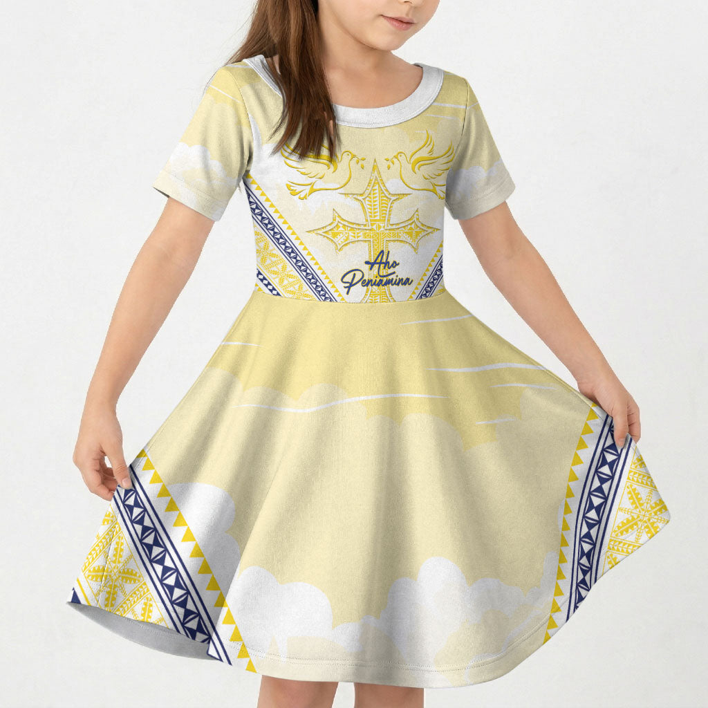 Peniamina Gospel Day Niue Kid Short Sleeve Dress Cross Dove Hiapo Pattern Yellow LT14 KID Yellow - Polynesian Pride