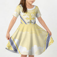 Peniamina Gospel Day Niue Kid Short Sleeve Dress Cross Dove Hiapo Pattern Yellow LT14 KID Yellow - Polynesian Pride
