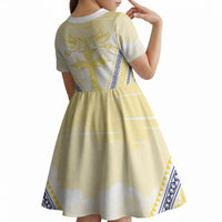 Peniamina Gospel Day Niue Kid Short Sleeve Dress Cross Dove Hiapo Pattern Yellow LT14 - Polynesian Pride