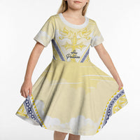 Peniamina Gospel Day Niue Kid Short Sleeve Dress Cross Dove Hiapo Pattern Yellow LT14 - Polynesian Pride
