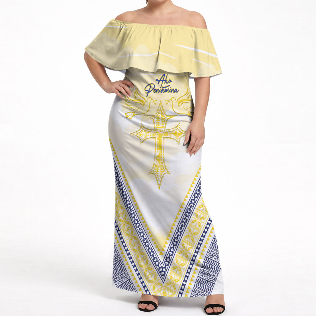 Peniamina Gospel Day Niue Off Shoulder Maxi Dress Cross Dove Hiapo Pattern Yellow