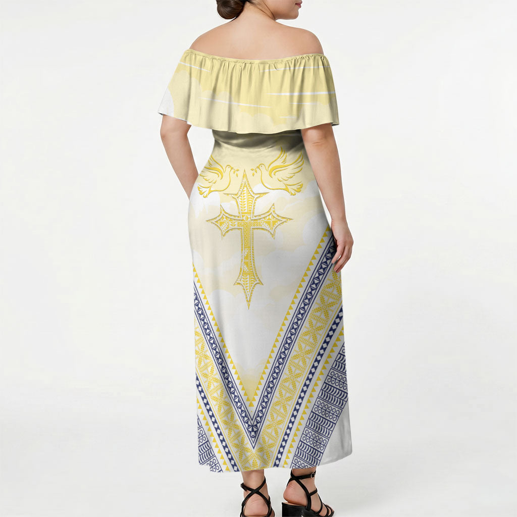 Peniamina Gospel Day Niue Off Shoulder Maxi Dress Cross Dove Hiapo Pattern Yellow LT14 - Polynesian Pride