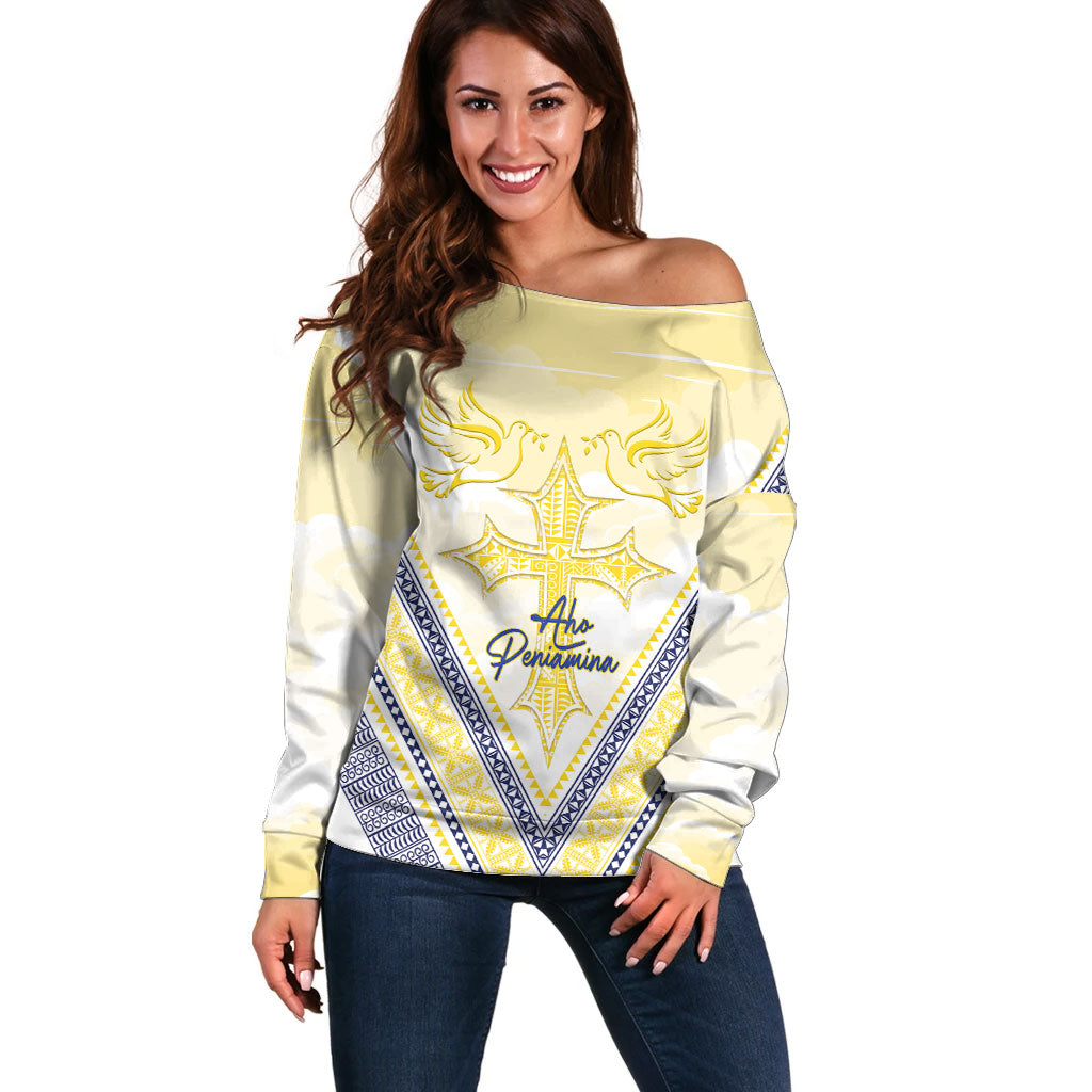 Peniamina Gospel Day Niue Off Shoulder Sweater Cross Dove Hiapo Pattern Yellow