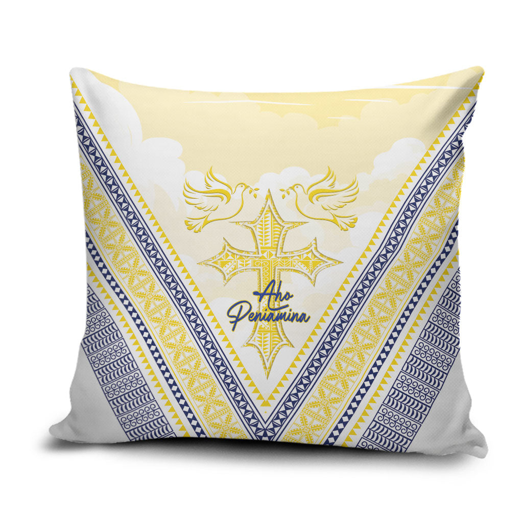 Peniamina Gospel Day Niue Pillow Cover Cross Dove Hiapo Pattern Yellow