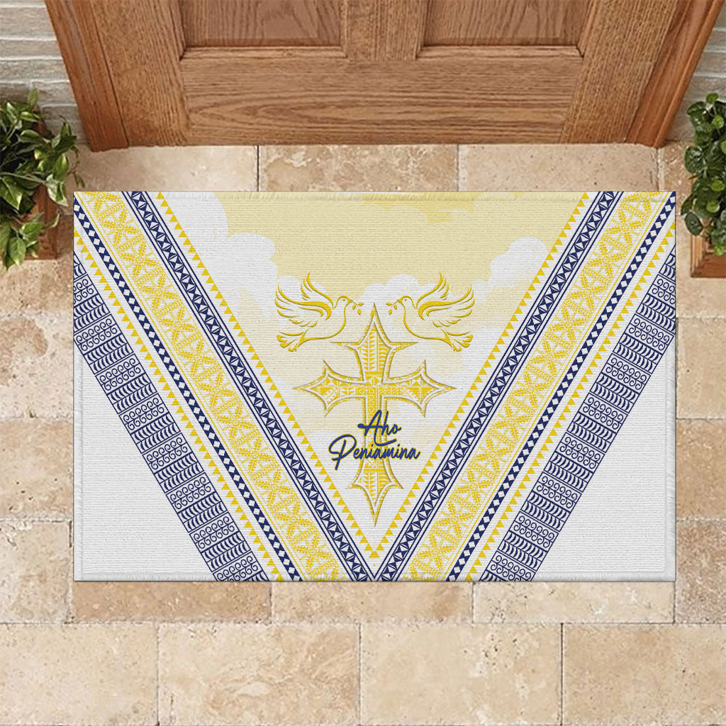 Peniamina Gospel Day Niue Rubber Doormat Cross Dove Hiapo Pattern Yellow
