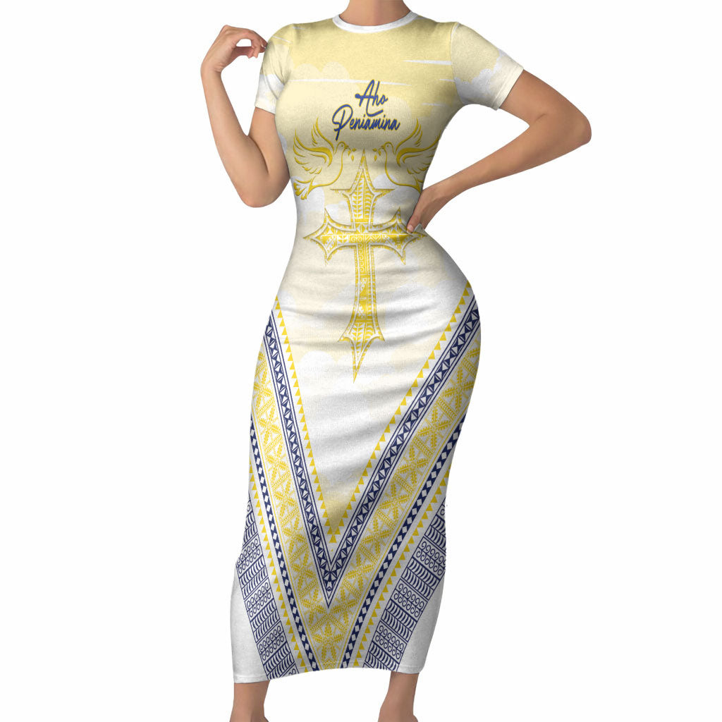 Peniamina Gospel Day Niue Short Sleeve Bodycon Dress Cross Dove Hiapo Pattern Yellow LT14 Long Dress Yellow - Polynesian Pride