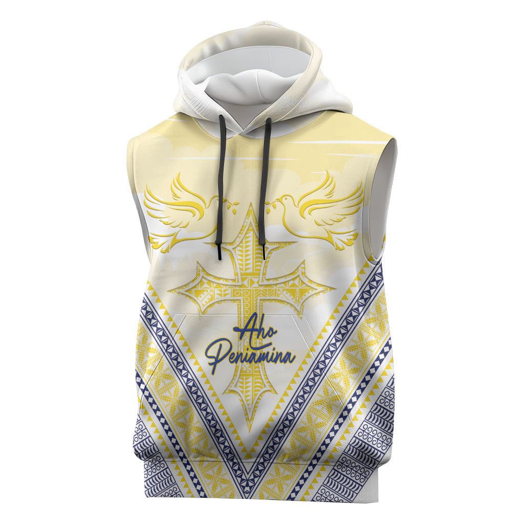 Peniamina Gospel Day Niue Sleeveless Hoodie Cross Dove Hiapo Pattern Yellow LT14 Yellow - Polynesian Pride