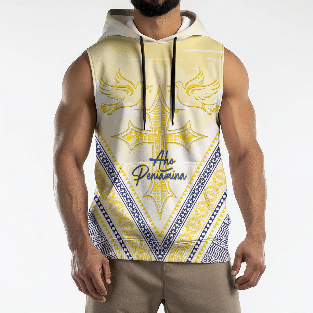 Peniamina Gospel Day Niue Sleeveless Hoodie Cross Dove Hiapo Pattern Yellow LT14 - Polynesian Pride