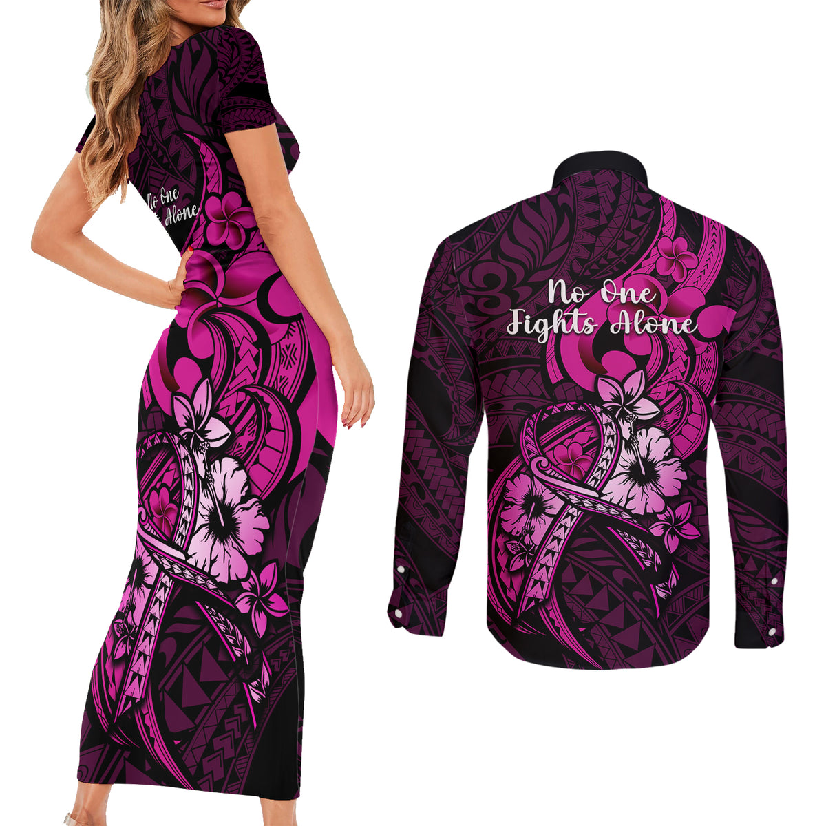 polynesia-breast-cancer-awareness-couples-matching-short-sleeve-bodycon-dress-and-long-sleeve-button-shirts-think-pink-polynesian-ribbon-black-version
