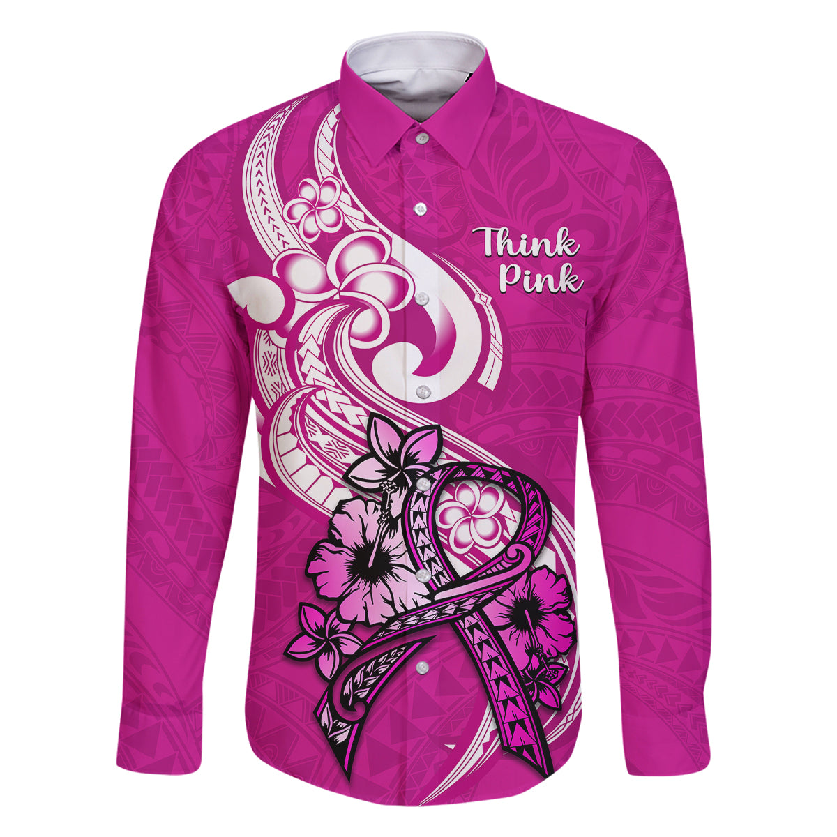 personalised-polynesia-breast-cancer-awareness-family-matching-off-shoulder-short-dress-and-hawaiian-shirt-think-pink-polynesian-ribbon-white-version