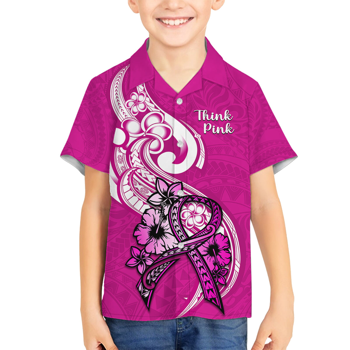 personalised-polynesia-breast-cancer-awareness-family-matching-off-shoulder-short-dress-and-hawaiian-shirt-think-pink-polynesian-ribbon-white-version