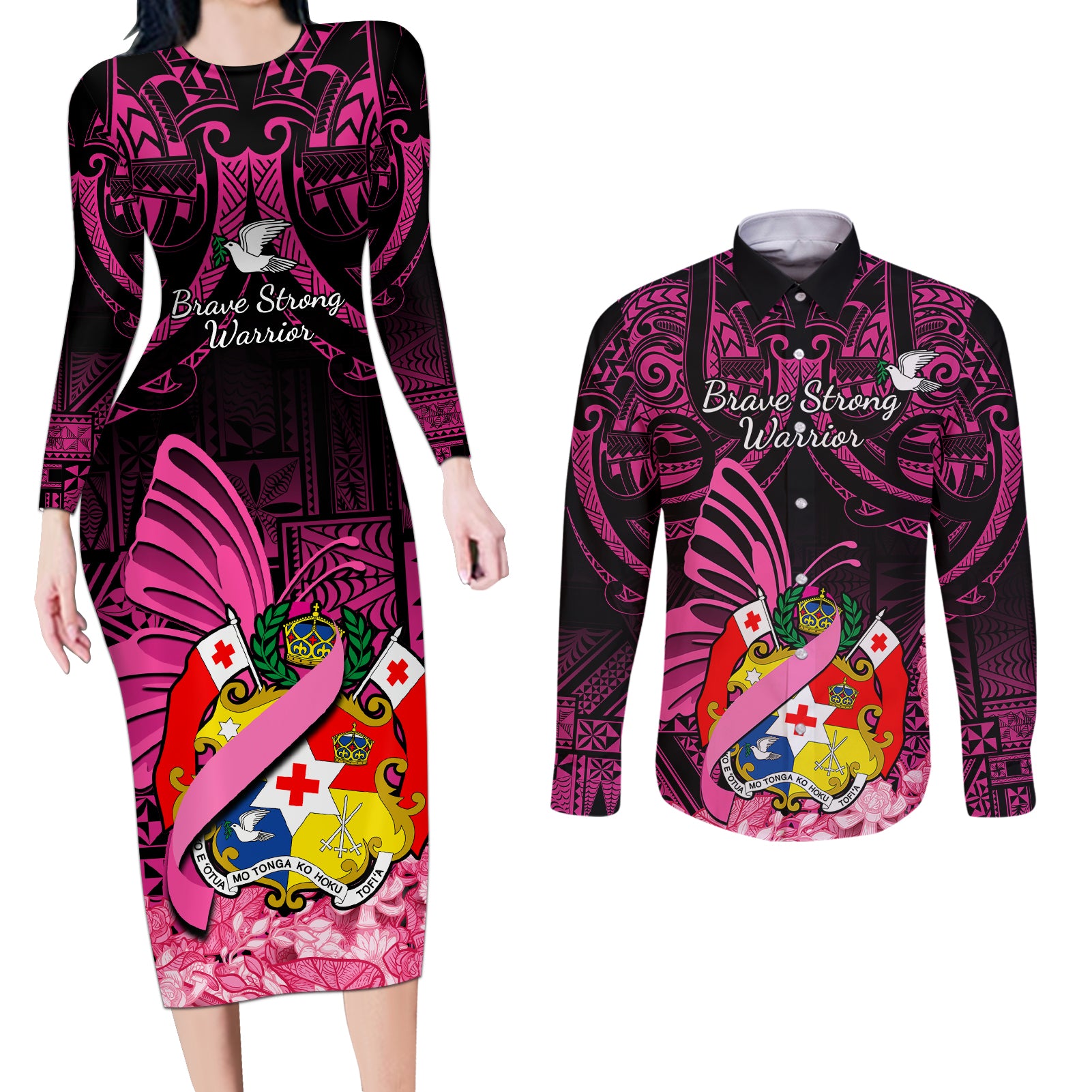 presonalised-tonga-breast-cancer-awareness-couples-matching-long-sleeve-bodycon-dress-and-long-sleeve-button-shirts-pink-ribbon-brave-strong-warrior-tongan-ngatu-pattern