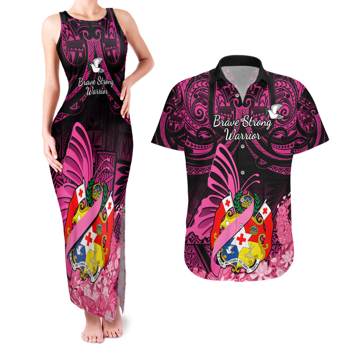 presonalised-tonga-breast-cancer-awareness-couples-matching-tank-maxi-dress-and-hawaiian-shirt-pink-ribbon-brave-strong-warrior-tongan-ngatu-pattern