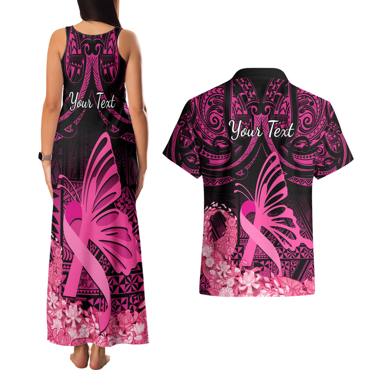 presonalised-tonga-breast-cancer-awareness-couples-matching-tank-maxi-dress-and-hawaiian-shirt-pink-ribbon-brave-strong-warrior-tongan-ngatu-pattern