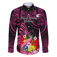 Presonalised Tonga Breast Cancer Awareness Family Matching Off Shoulder Short Dress and Hawaiian Shirt Pink Ribbon Brave Strong Warrior Tongan Ngatu Pattern LT14 Dad's Shirt - Long Sleeve Pink - Polynesian Pride