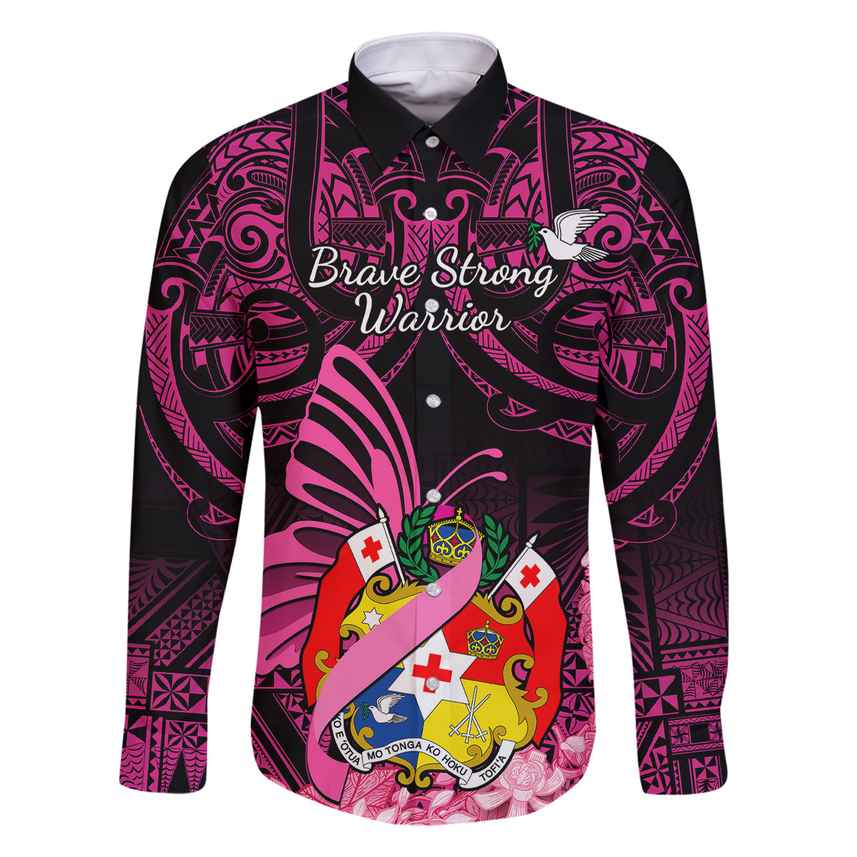 Presonalised Tonga Breast Cancer Awareness Family Matching Summer Maxi Dress and Hawaiian Shirt Pink Ribbon Brave Strong Warrior Tongan Ngatu Pattern LT14 Dad's Shirt - Long Sleeve Pink - Polynesian Pride