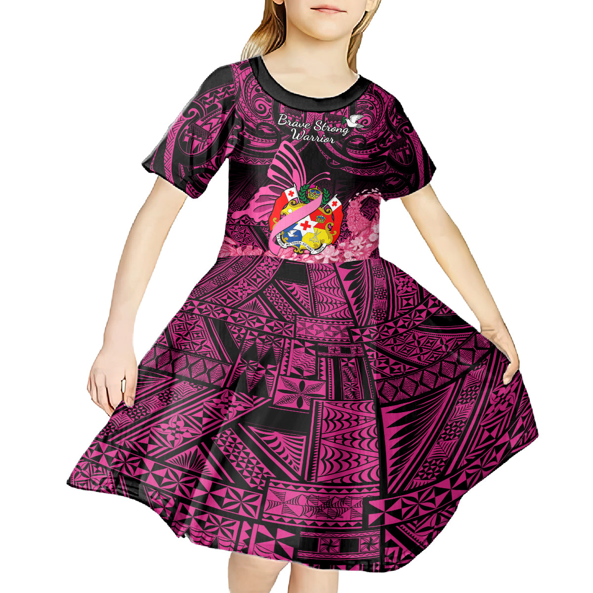 presonalised-tonga-breast-cancer-awareness-kid-short-sleeve-dress-pink-ribbon-brave-strong-warrior-tongan-ngatu-pattern