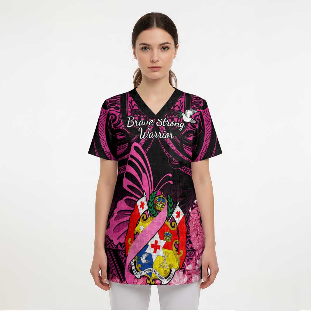 Presonalised Tonga Breast Cancer Awareness Scrub Top Pink Ribbon Brave Strong Warrior Tongan Ngatu Pattern - Polynesian Pride