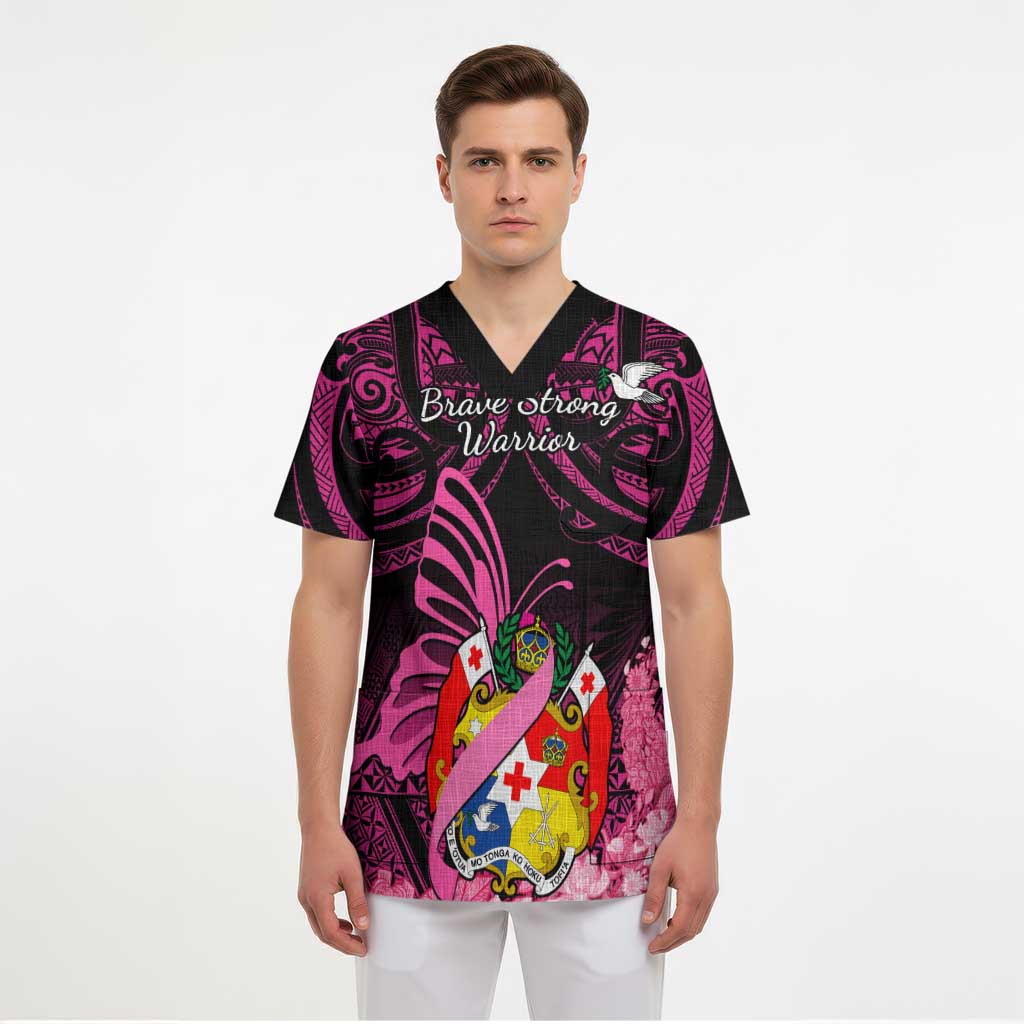 Presonalised Tonga Breast Cancer Awareness Scrub Top Pink Ribbon Brave Strong Warrior Tongan Ngatu Pattern - Polynesian Pride