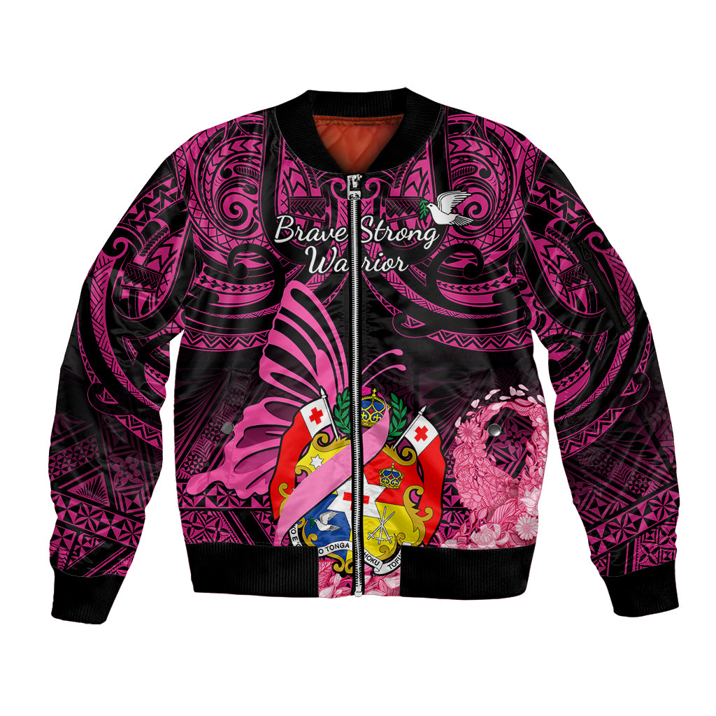 presonalised-tonga-breast-cancer-awareness-sleeve-zip-bomber-jacket-pink-ribbon-brave-strong-warrior-tongan-ngatu-pattern