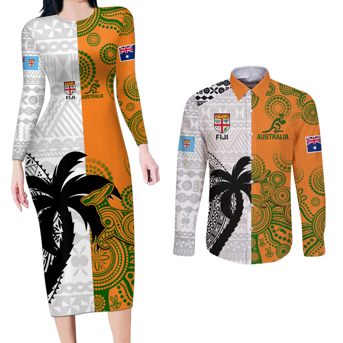 fiji-and-australia-rugby-couples-matching-long-sleeve-bodycon-dress-and-long-sleeve-button-shirts-2023-world-cup-aboriginal-mix-tapa-pattern