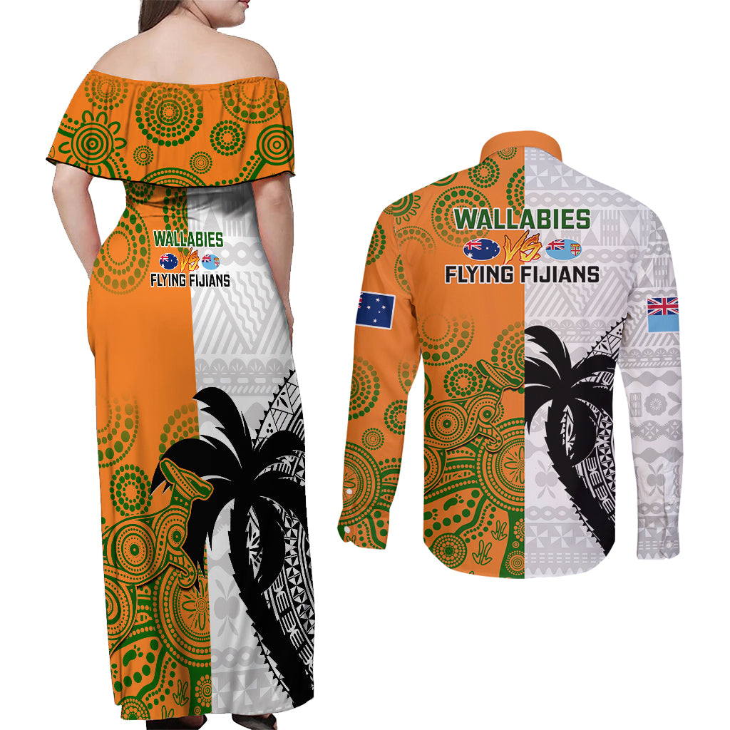 fiji-and-australia-rugby-couples-matching-off-shoulder-maxi-dress-and-long-sleeve-button-shirts-2023-world-cup-aboriginal-mix-tapa-pattern