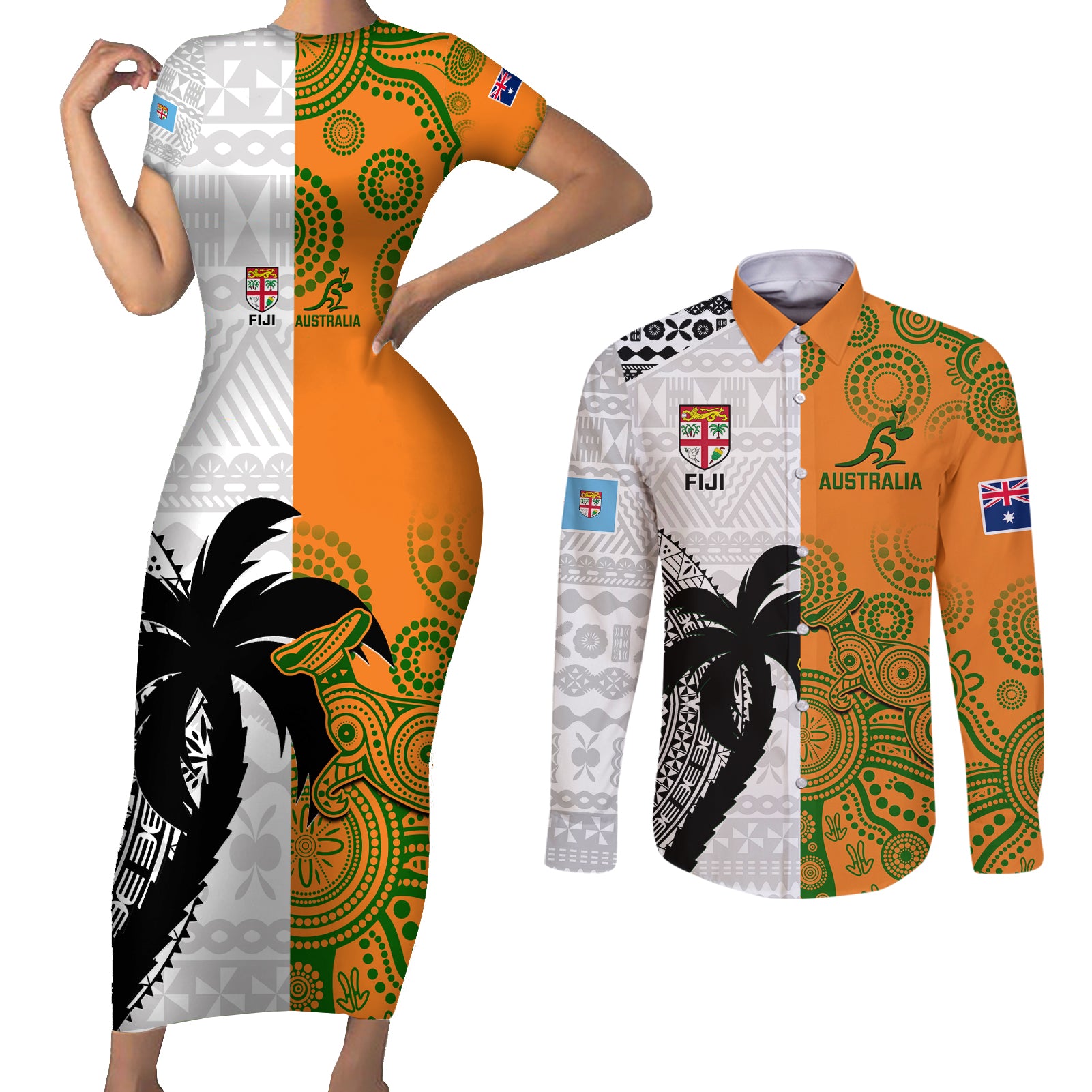 fiji-and-australia-rugby-couples-matching-short-sleeve-bodycon-dress-and-long-sleeve-button-shirts-2023-world-cup-aboriginal-mix-tapa-pattern