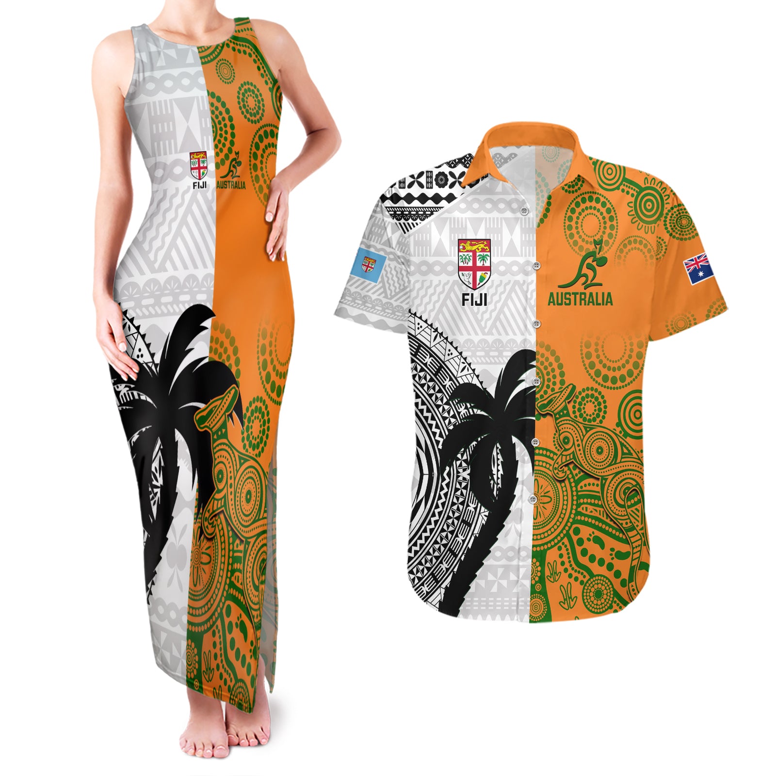 fiji-and-australia-rugby-couples-matching-tank-maxi-dress-and-hawaiian-shirt-2023-world-cup-aboriginal-mix-tapa-pattern