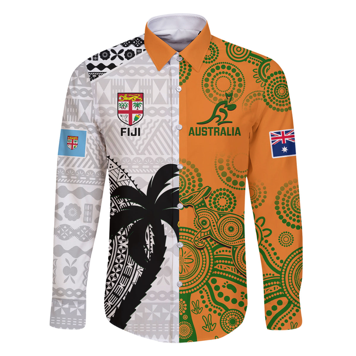 fiji-and-australia-rugby-family-matching-off-shoulder-short-dress-and-hawaiian-shirt-2023-world-cup-aboriginal-mix-tapa-pattern