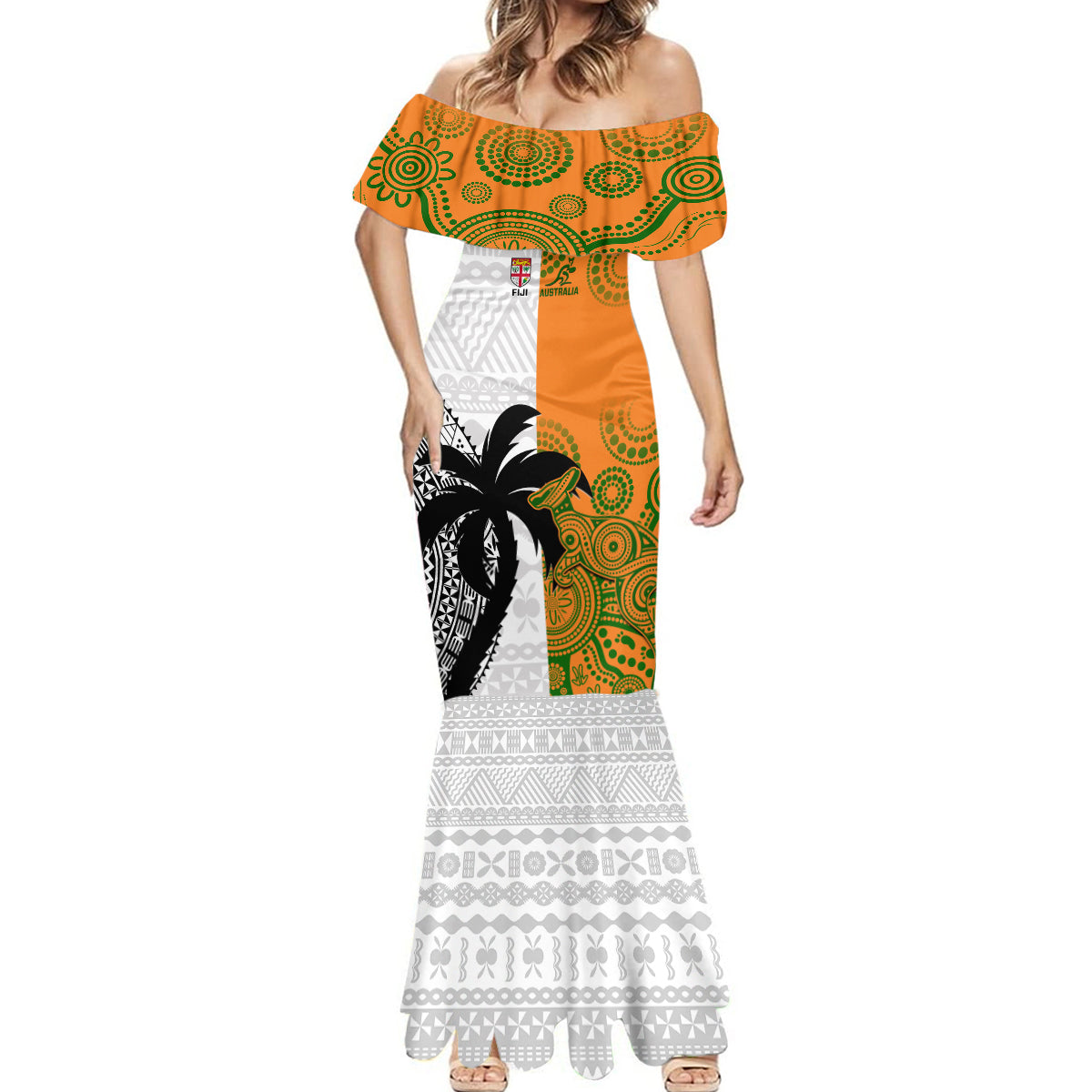 Fiji And Australia Rugby Mermaid Dress 2023 World Cup Aboriginal Mix Tapa Pattern LT14 - Polynesian Pride