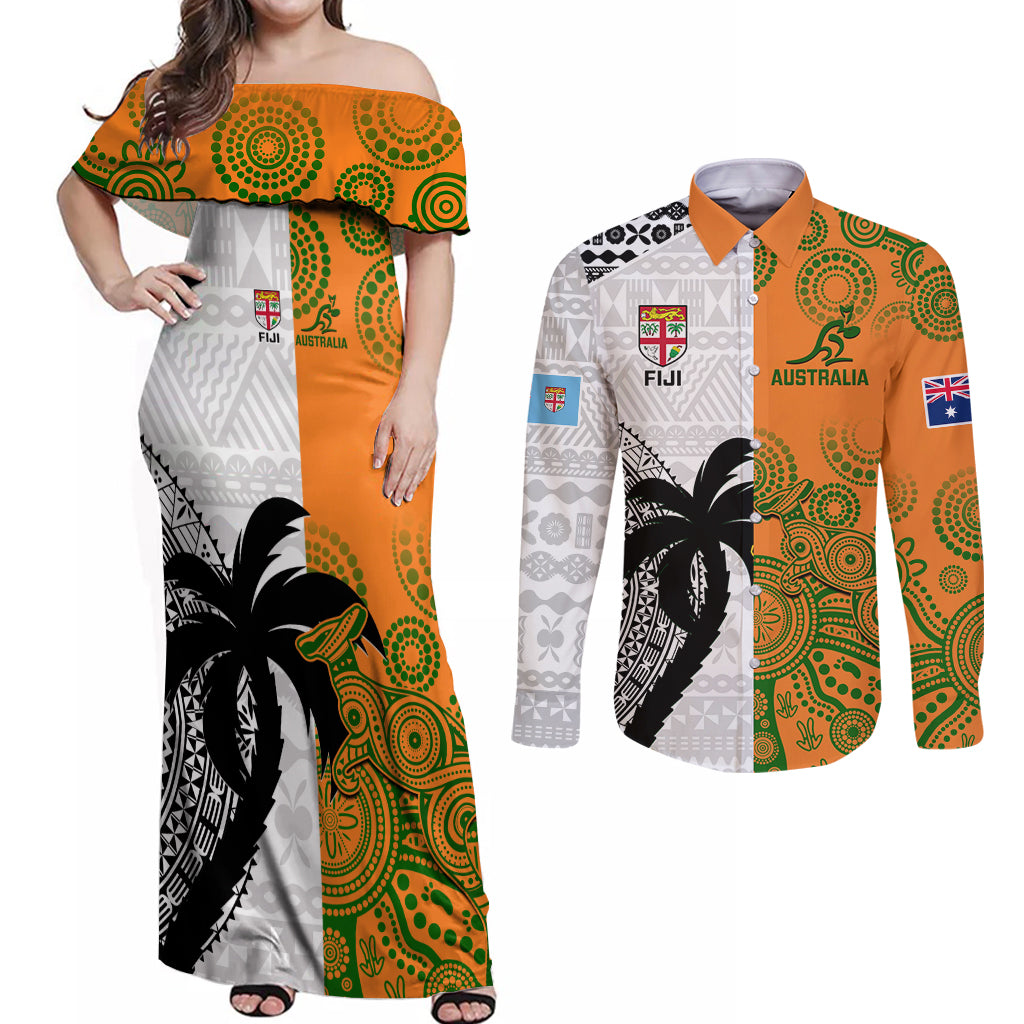 custom-fiji-and-australia-rugby-couples-matching-off-shoulder-maxi-dress-and-long-sleeve-button-shirts-2023-world-cup-aboriginal-mix-tapa-pattern