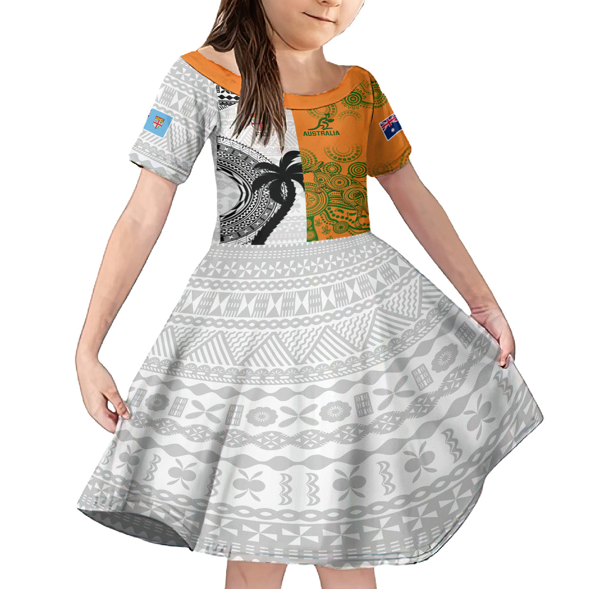 Custom Fiji And Australia Rugby Kid Short Sleeve Dress 2023 World Cup Aboriginal Mix Tapa Pattern LT14 KID Gold - Polynesian Pride