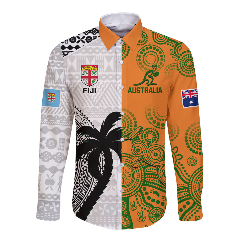Custom Fiji And Australia Rugby Long Sleeve Button Shirt 2023 World Cup Aboriginal Mix Tapa Pattern LT14 Unisex Gold - Polynesian Pride