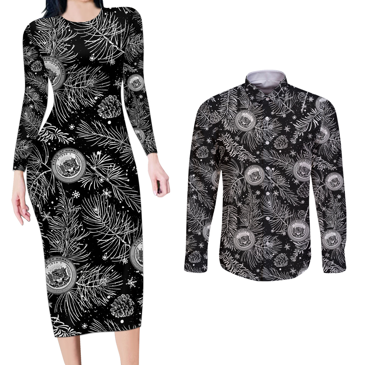Hawaii Christmas Couples Matching Long Sleeve Bodycon Dress and Long Sleeve Button Shirt Tropical Style With Coat Of Arms LT14 Black - Polynesian Pride