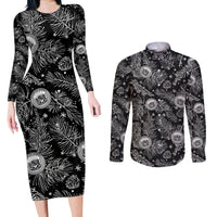 Hawaii Christmas Couples Matching Long Sleeve Bodycon Dress and Long Sleeve Button Shirt Tropical Style With Coat Of Arms LT14 Black - Polynesian Pride
