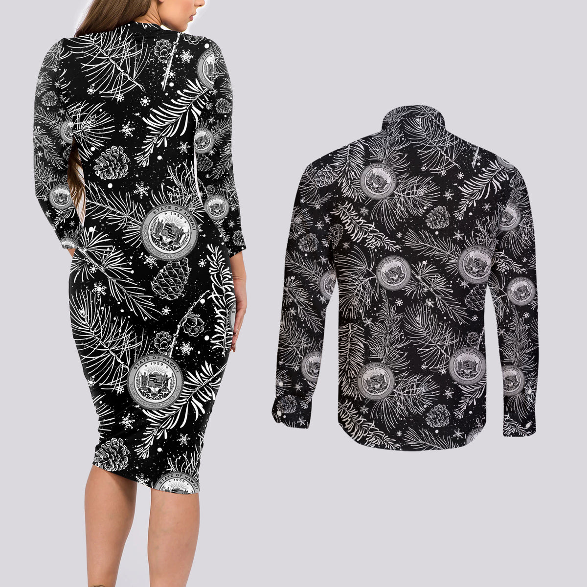 Hawaii Christmas Couples Matching Long Sleeve Bodycon Dress and Long Sleeve Button Shirt Tropical Style With Coat Of Arms LT14 - Polynesian Pride