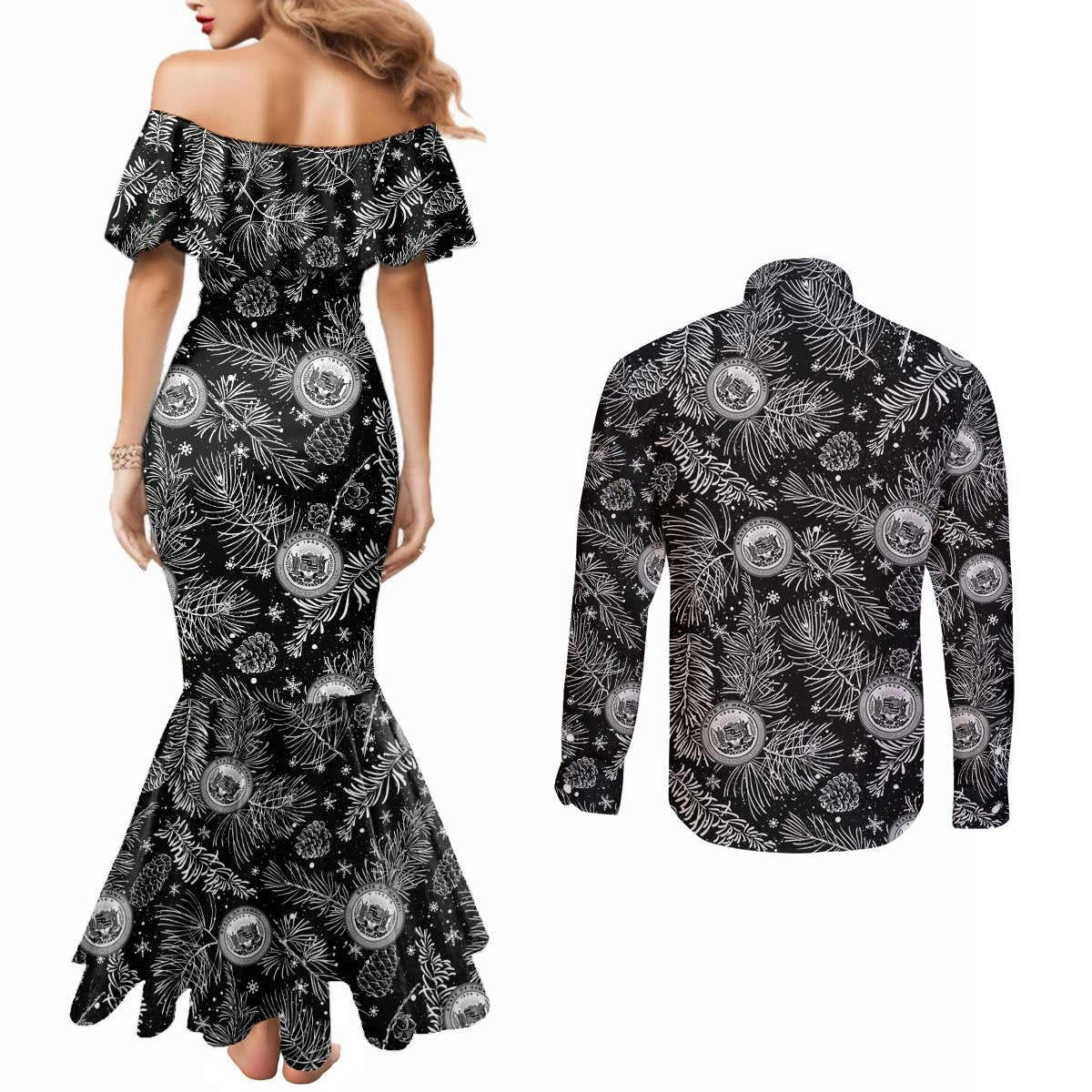 Hawaii Christmas Couples Matching Mermaid Dress and Long Sleeve Button Shirt Tropical Style With Coat Of Arms LT14 - Polynesian Pride