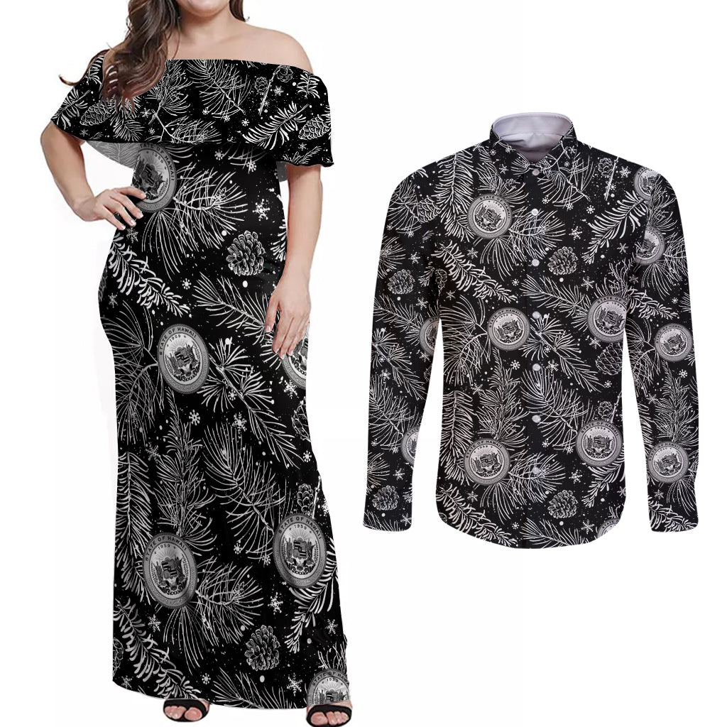 Hawaii Christmas Couples Matching Off Shoulder Maxi Dress and Long Sleeve Button Shirt Tropical Style With Coat Of Arms LT14 Black - Polynesian Pride