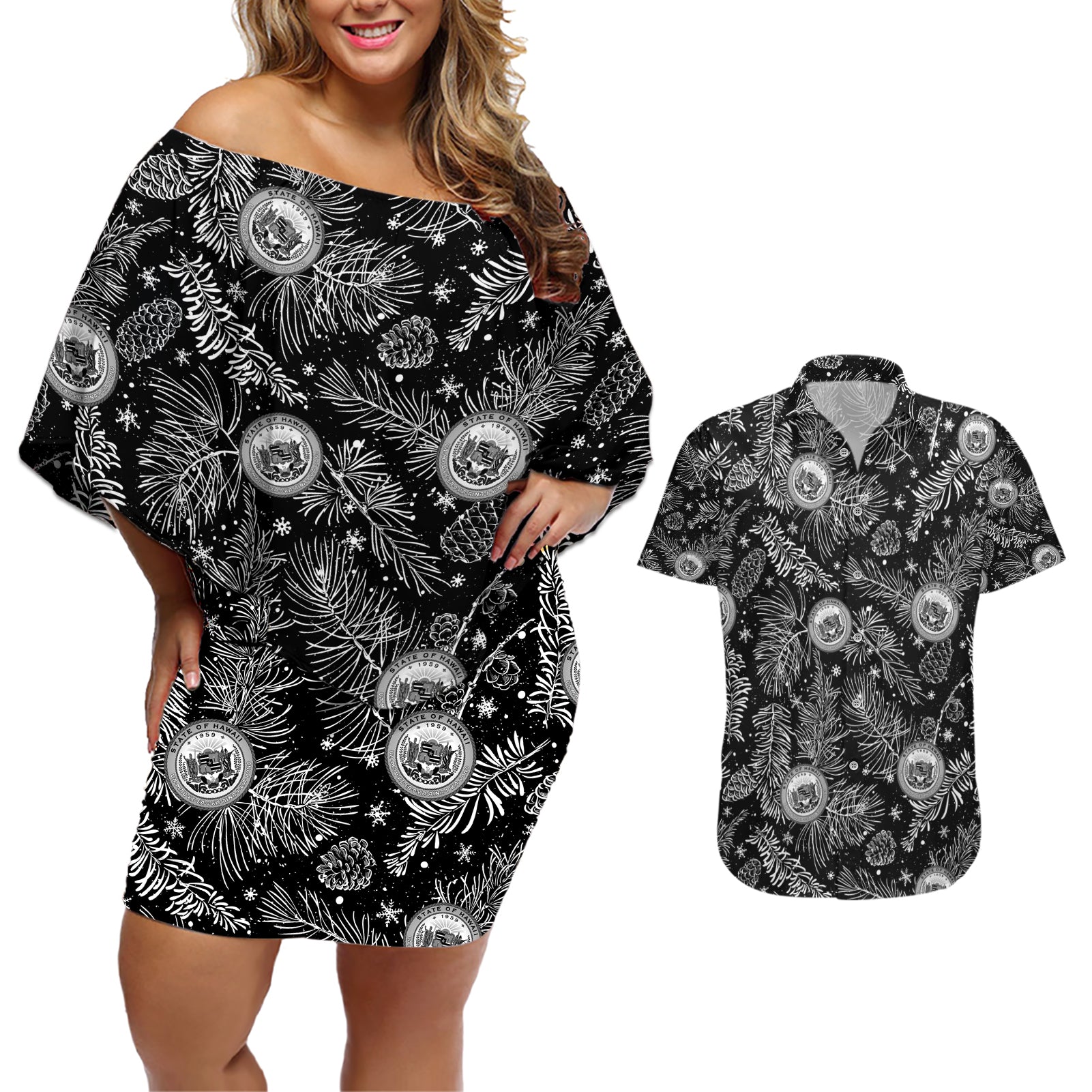 Hawaii Christmas Couples Matching Off Shoulder Short Dress and Hawaiian Shirt Tropical Style With Coat Of Arms LT14 Black - Polynesian Pride