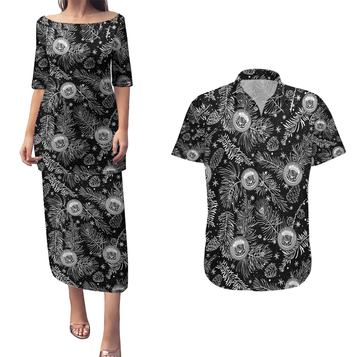 Hawaii Christmas Couples Matching Puletasi Dress and Hawaiian Shirt Tropical Style With Coat Of Arms LT14 Black - Polynesian Pride