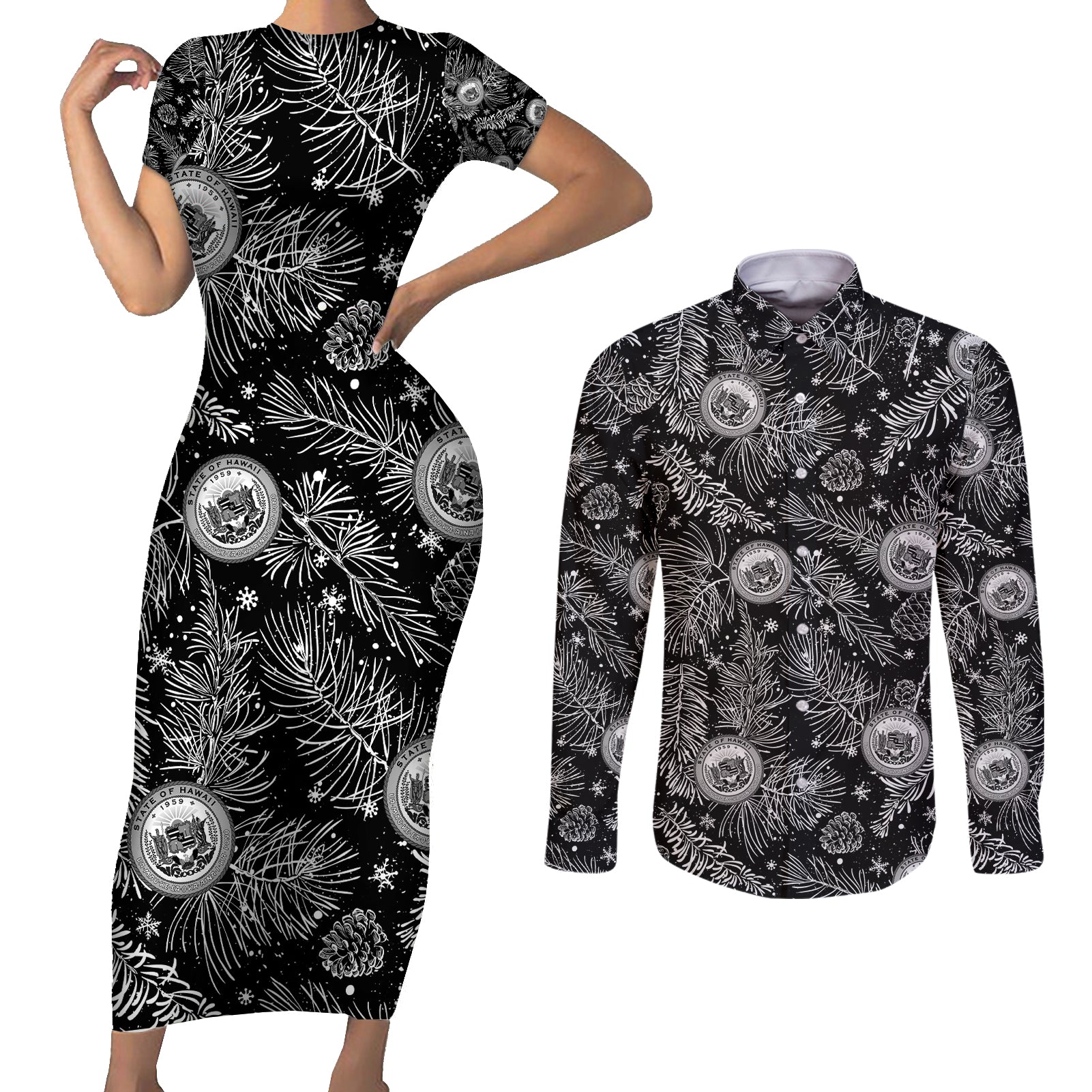 Hawaii Christmas Couples Matching Short Sleeve Bodycon Dress and Long Sleeve Button Shirt Tropical Style With Coat Of Arms LT14 Black - Polynesian Pride