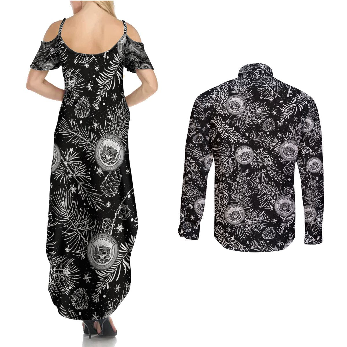 Hawaii Christmas Couples Matching Summer Maxi Dress and Long Sleeve Button Shirt Tropical Style With Coat Of Arms LT14 - Polynesian Pride