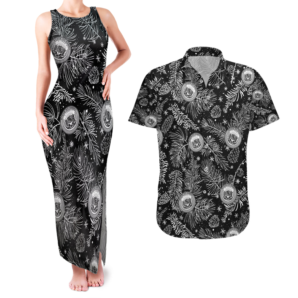Hawaii Christmas Couples Matching Tank Maxi Dress and Hawaiian Shirt Tropical Style With Coat Of Arms LT14 Black - Polynesian Pride