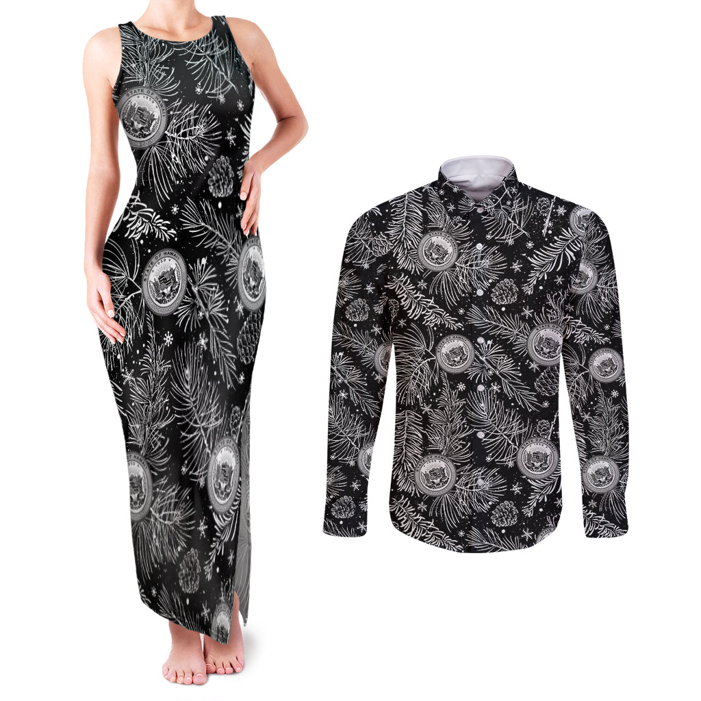 Hawaii Christmas Couples Matching Tank Maxi Dress and Long Sleeve Button Shirt Tropical Style With Coat Of Arms LT14 Black - Polynesian Pride