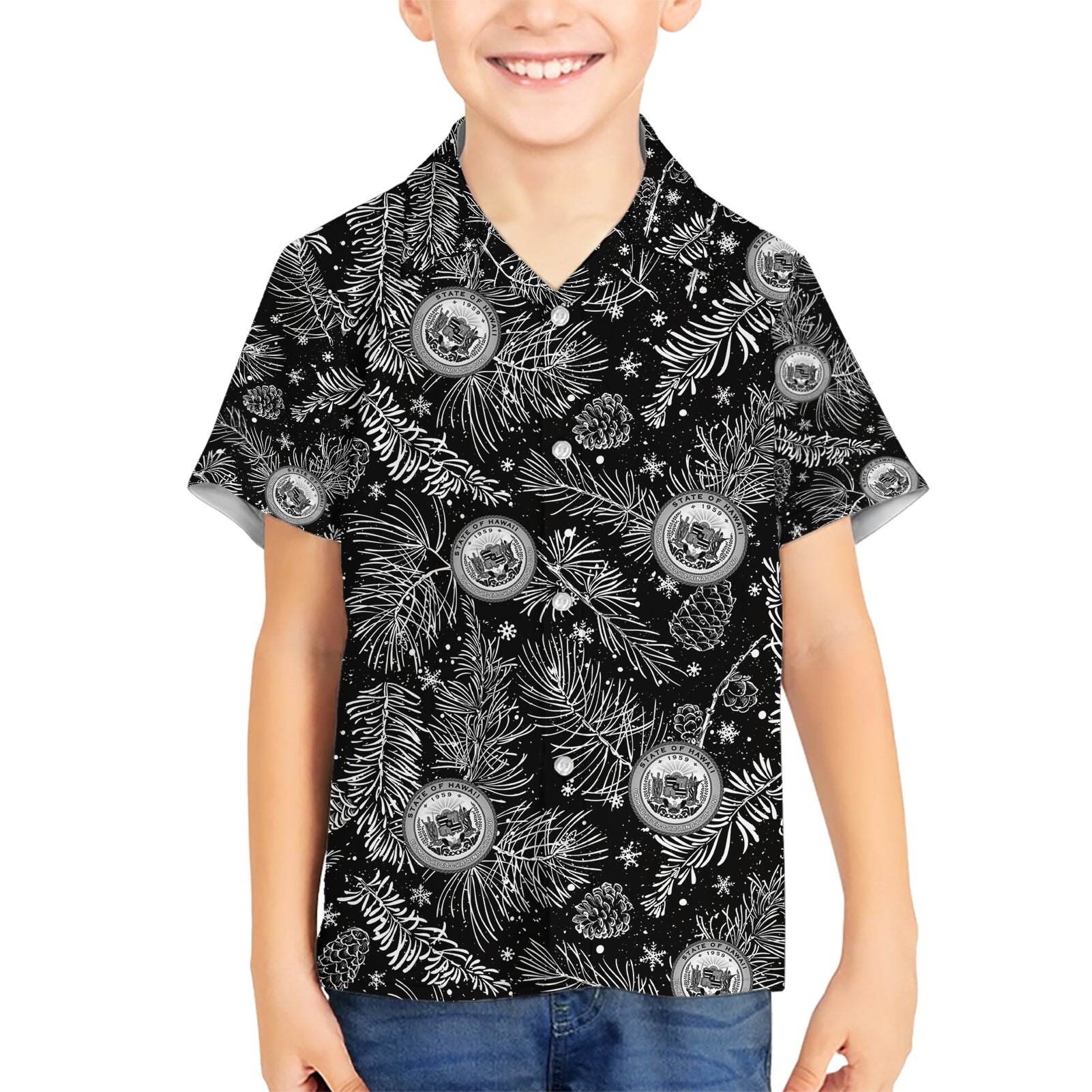 Hawaii Christmas Kid Hawaiian Shirt Tropical Style With Coat Of Arms LT14 Kid Black - Polynesian Pride