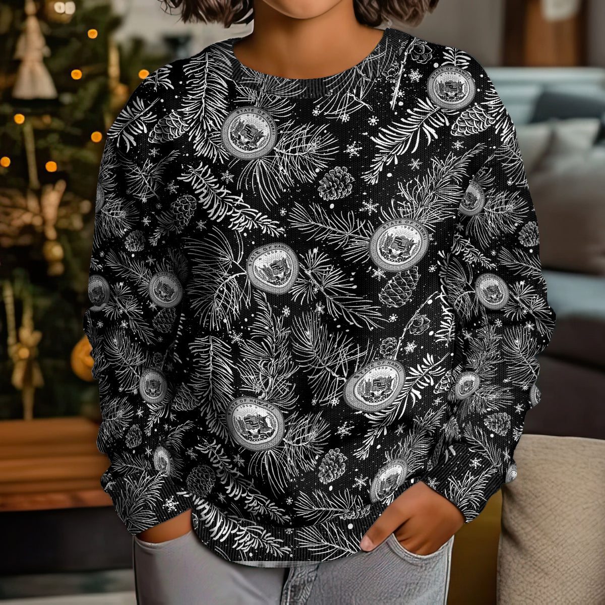 Hawaii Christmas Kid Ugly Christmas Sweater Tropical Style With Coat Of Arms LT14 - Polynesian Pride
