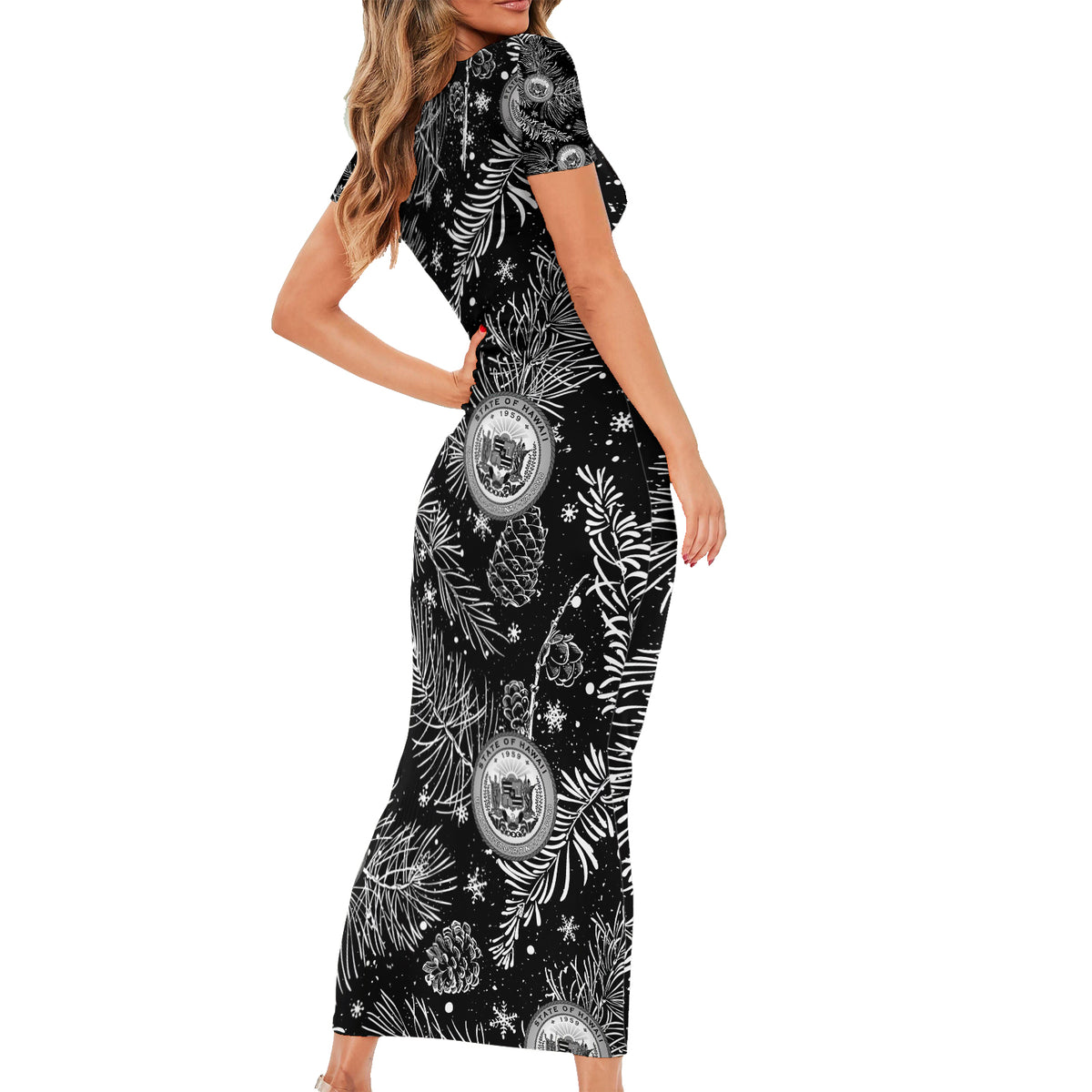 Hawaii Christmas Short Sleeve Bodycon Dress Tropical Style With Coat Of Arms LT14 - Polynesian Pride