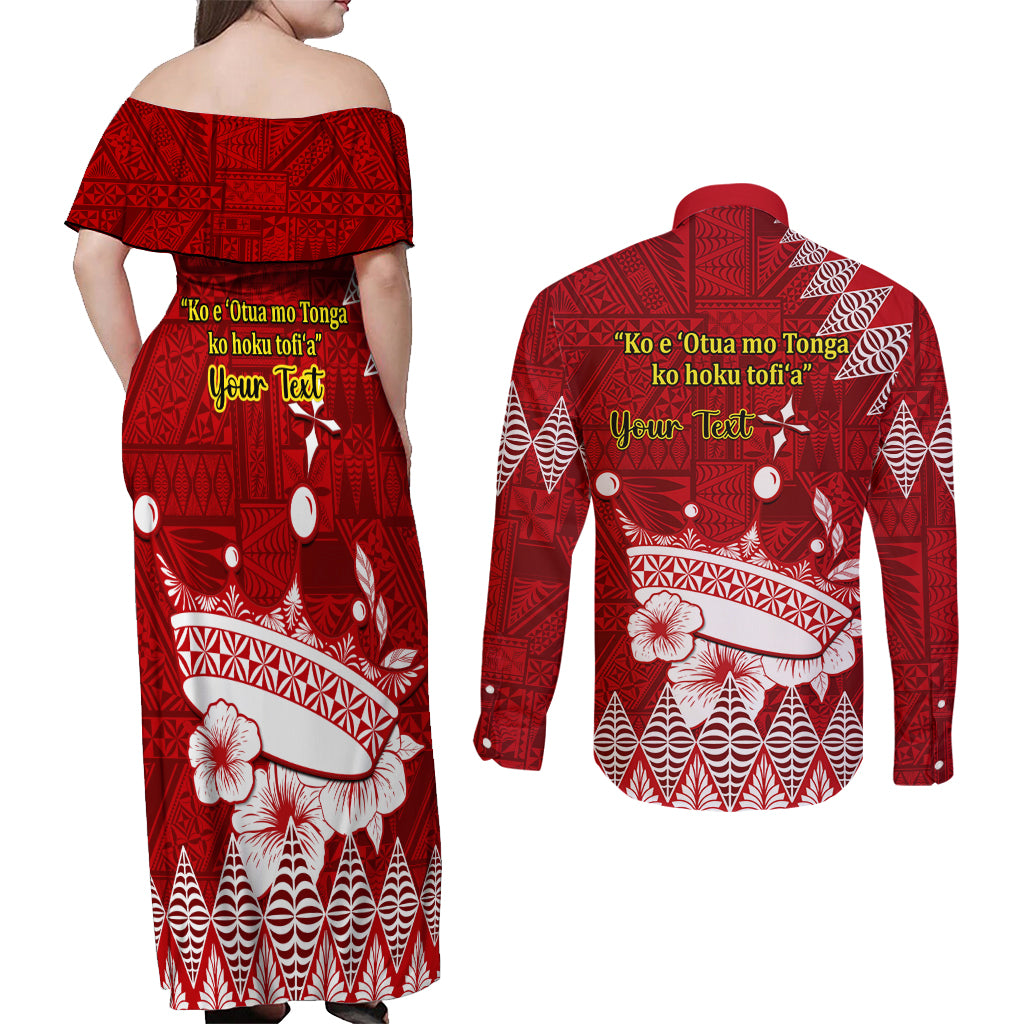 Personalised Tonga King Tupou I Day Couples Matching Off Shoulder Maxi Dress and Long Sleeve Button Shirt Tongan Ngatu Pattern With Crown LT14 - Polynesian Pride
