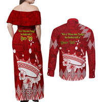 Personalised Tonga King Tupou I Day Couples Matching Off Shoulder Maxi Dress and Long Sleeve Button Shirt Tongan Ngatu Pattern With Crown LT14 - Polynesian Pride