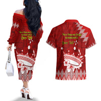 Personalised Tonga King Tupou I Day Couples Matching Off The Shoulder Long Sleeve Dress and Hawaiian Shirt Tongan Ngatu Pattern With Crown LT14 - Polynesian Pride